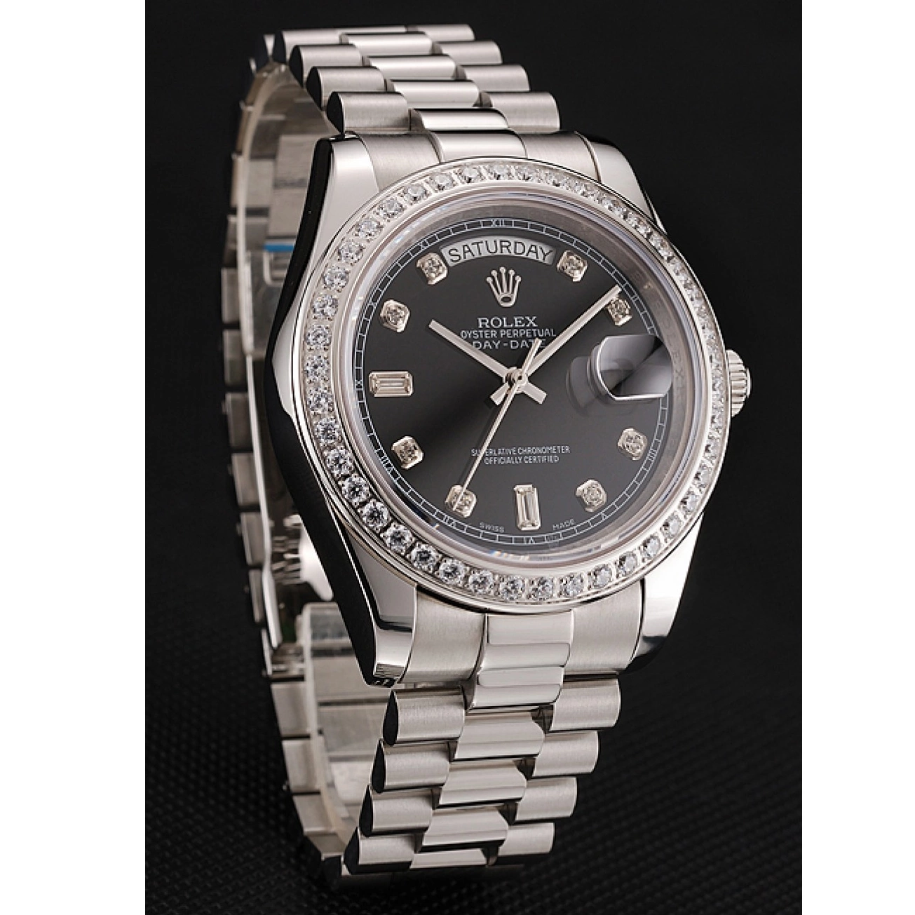 Aaa replica watch 1453966 Steel Swiss Diamond Case Diamond Rolex Dial Numerals Day-Date Stainless Black Bracelet 0817